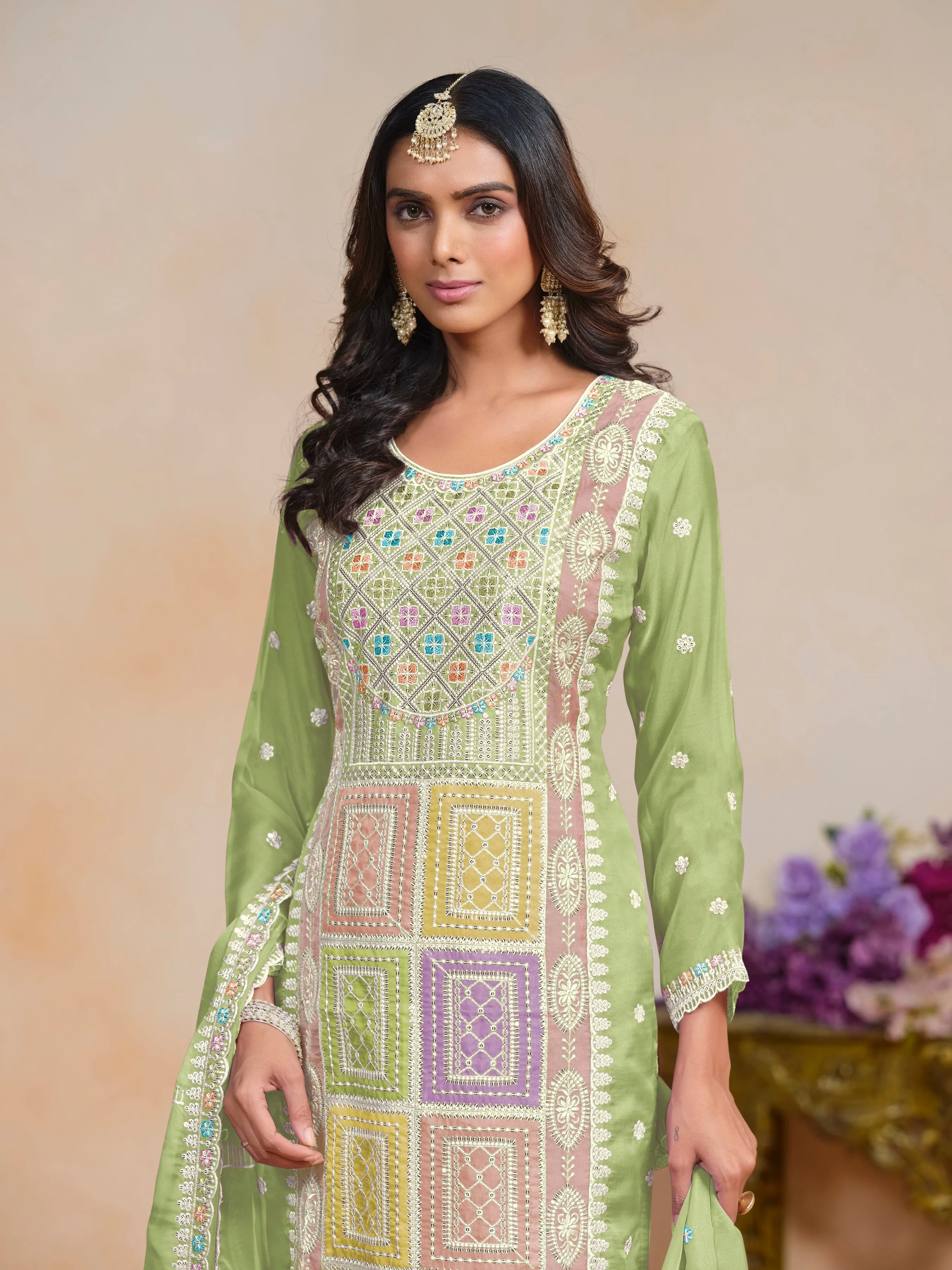 Green Soft Organza Party Wear Style Salwar Suit