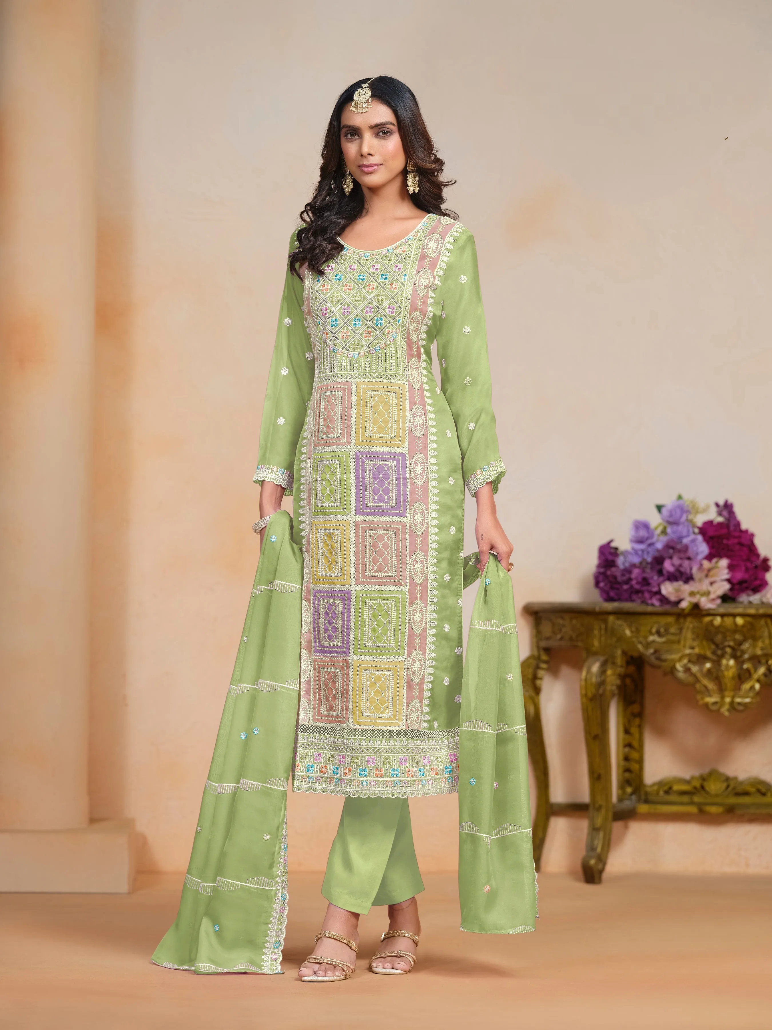 Green Soft Organza Party Wear Style Salwar Suit