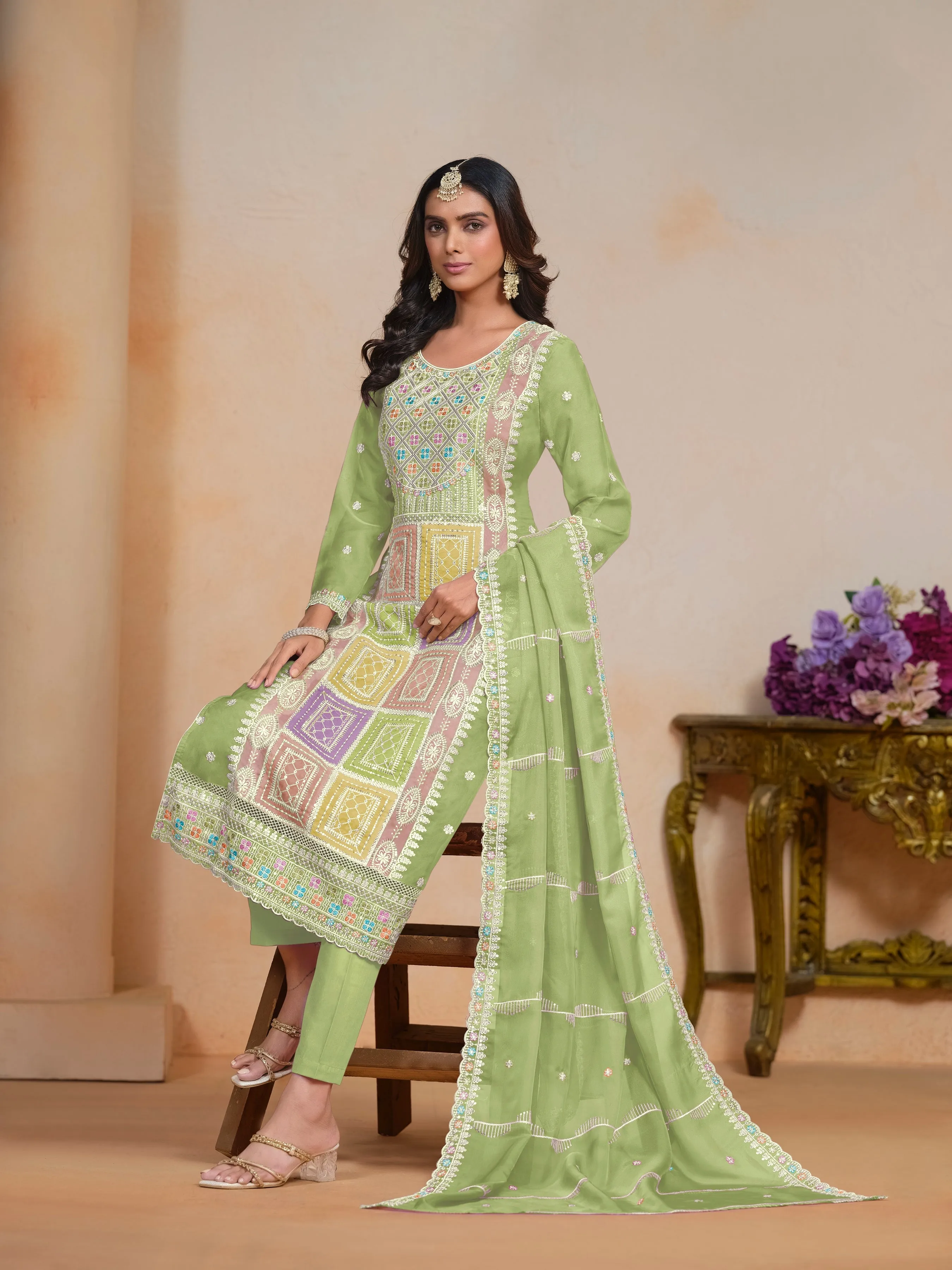 Green Soft Organza Party Wear Style Salwar Suit