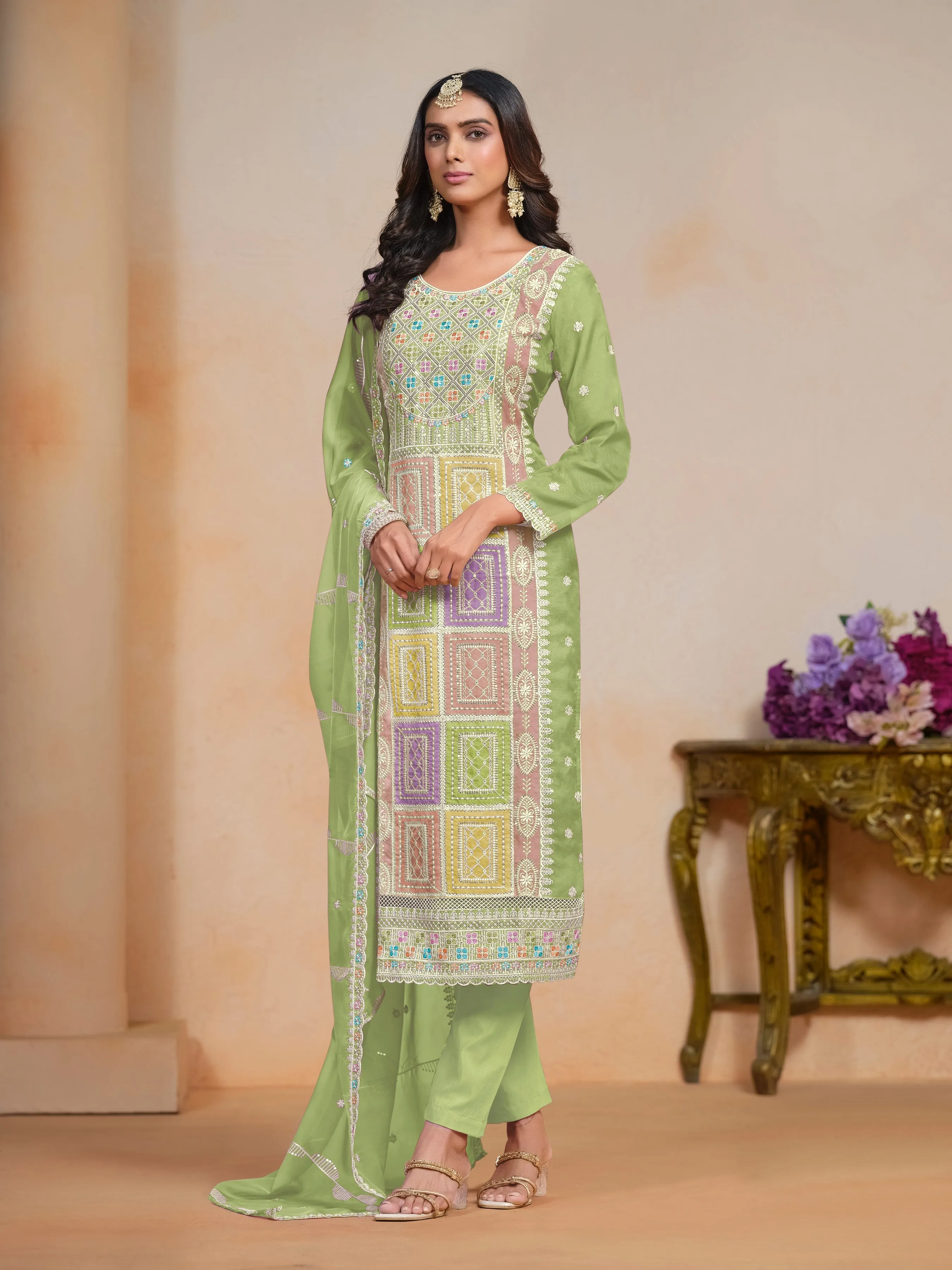 Green Soft Organza Party Wear Style Salwar Suit