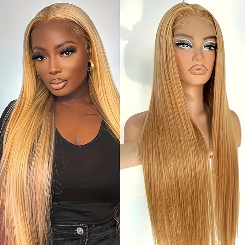 Honey Blonde Lace Front Wig Human Hair #27 Color Straight Lace Frontal Wigs 13x6 Hd Transparent Glueless Lace Wig Pre Plucked With Baby Hair 180% Density Colorful Wigs For Women