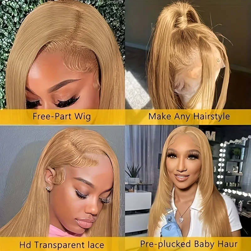 Honey Blonde Lace Front Wig Human Hair #27 Color Straight Lace Frontal Wigs 13x6 Hd Transparent Glueless Lace Wig Pre Plucked With Baby Hair 180% Density Colorful Wigs For Women