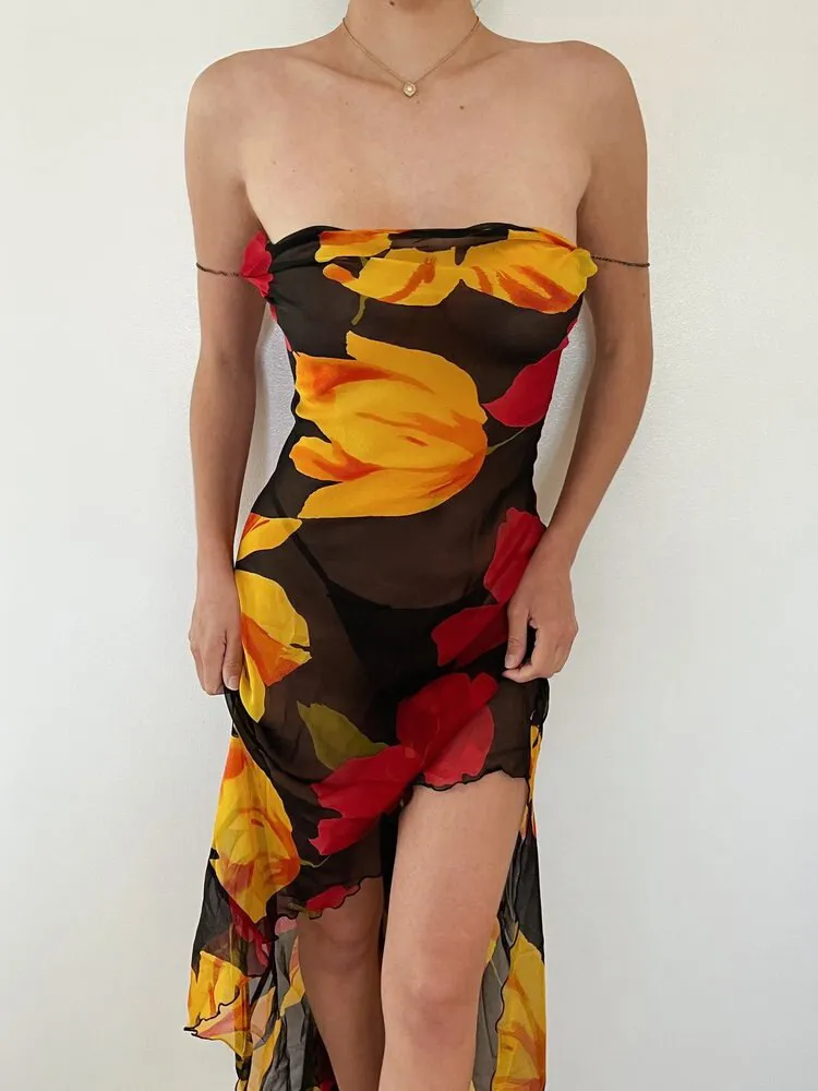 Joskka Chiffon Print Backless Women Summer Dress Spaghetti Strap See Through Dress Female Slim Vacation Outside Beachwear