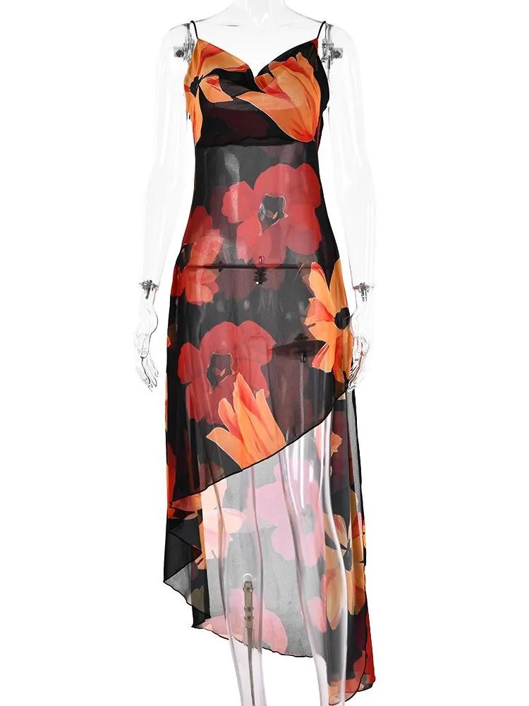 Joskka Chiffon Print Backless Women Summer Dress Spaghetti Strap See Through Dress Female Slim Vacation Outside Beachwear