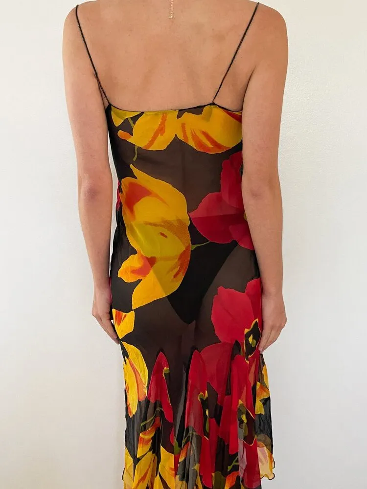 Joskka Chiffon Print Backless Women Summer Dress Spaghetti Strap See Through Dress Female Slim Vacation Outside Beachwear