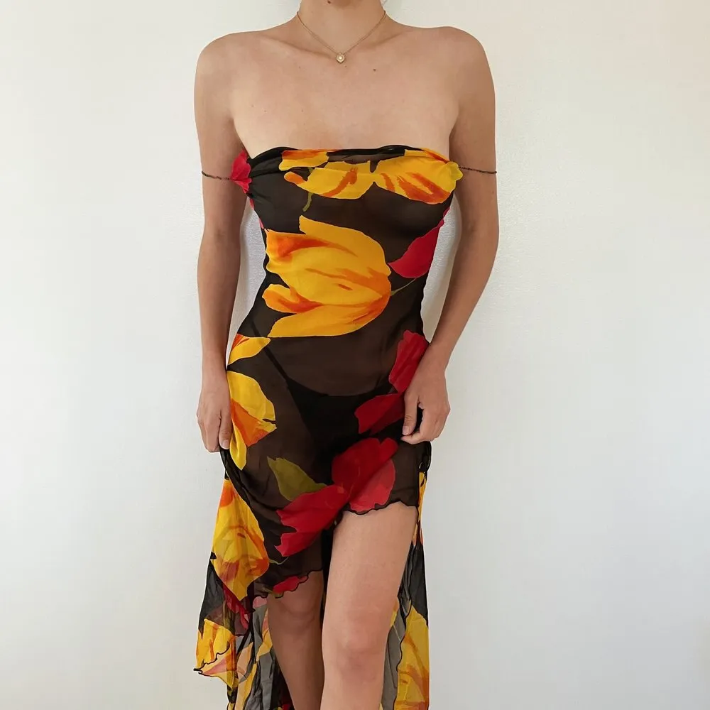 Joskka Chiffon Print Backless Women Summer Dress Spaghetti Strap See Through Dress Female Slim Vacation Outside Beachwear