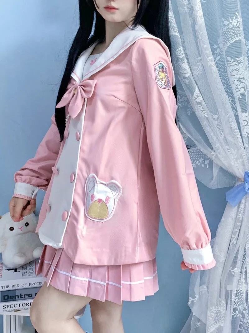 Kawaii Pink Bear Embroidered JK Uniform Suit
