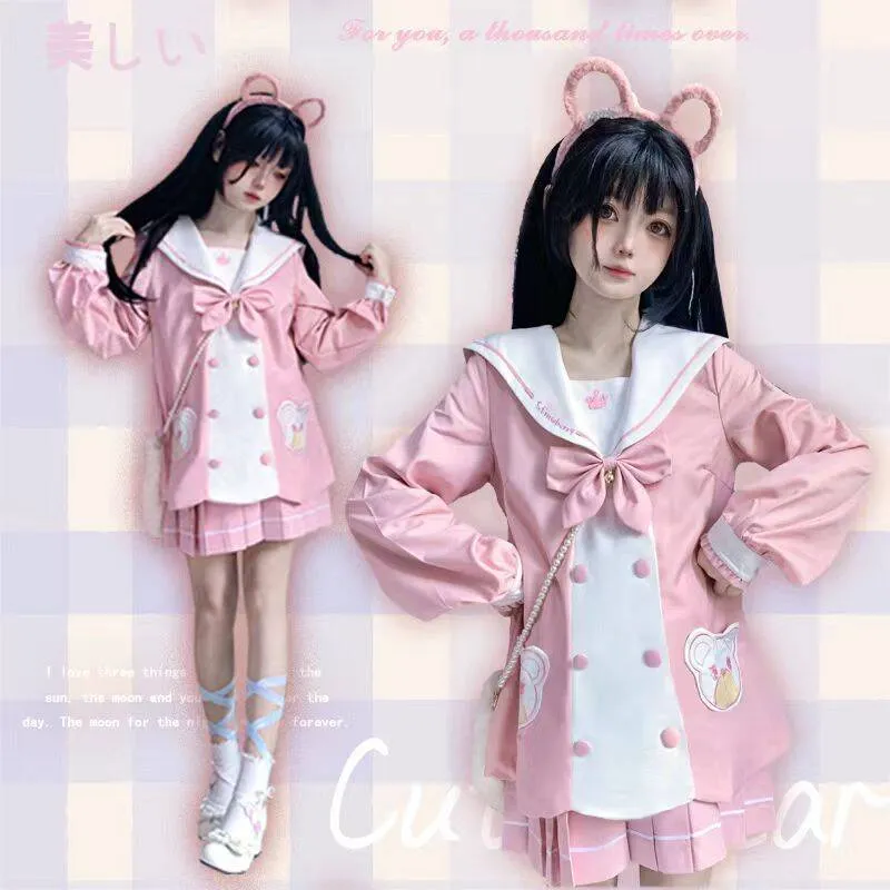 Kawaii Pink Bear Embroidered JK Uniform Suit