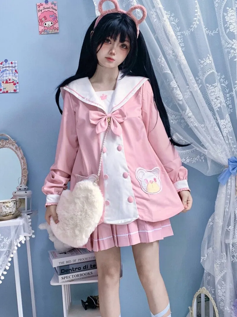 Kawaii Pink Bear Embroidered JK Uniform Suit