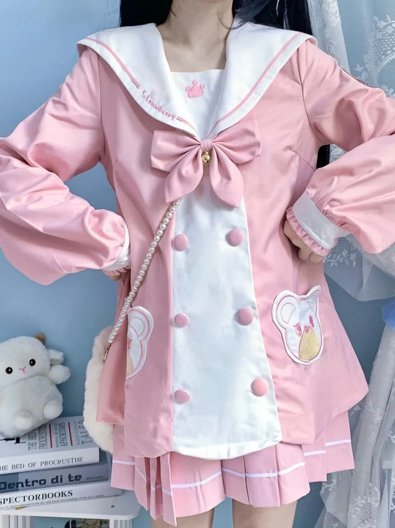 Kawaii Pink Bear Embroidered JK Uniform Suit
