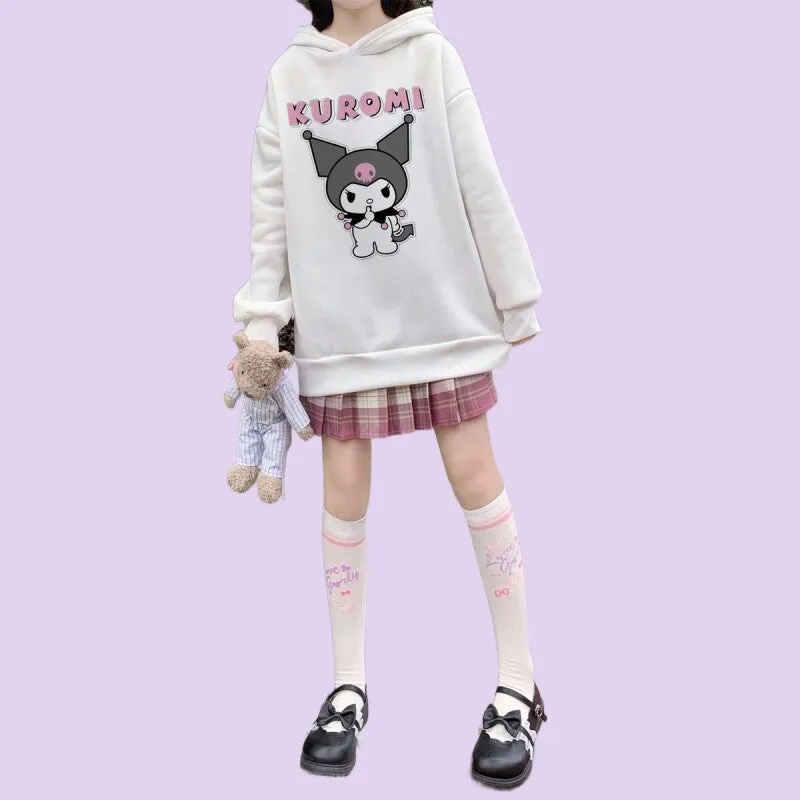 Kawaii Soft Girl Style Cartoon Kuromi Print Loose Hoodie