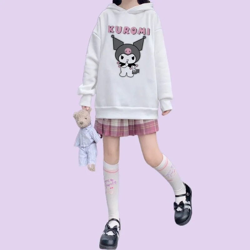 Kawaii Soft Girl Style Cartoon Kuromi Print Loose Hoodie