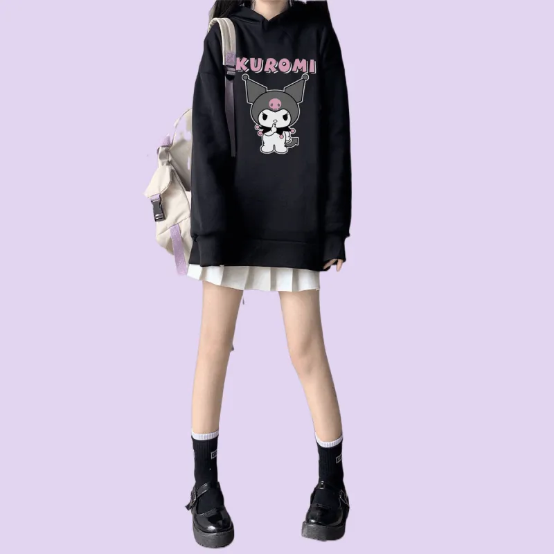 Kawaii Soft Girl Style Cartoon Kuromi Print Loose Hoodie