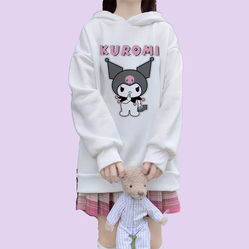 Kawaii Soft Girl Style Cartoon Kuromi Print Loose Hoodie