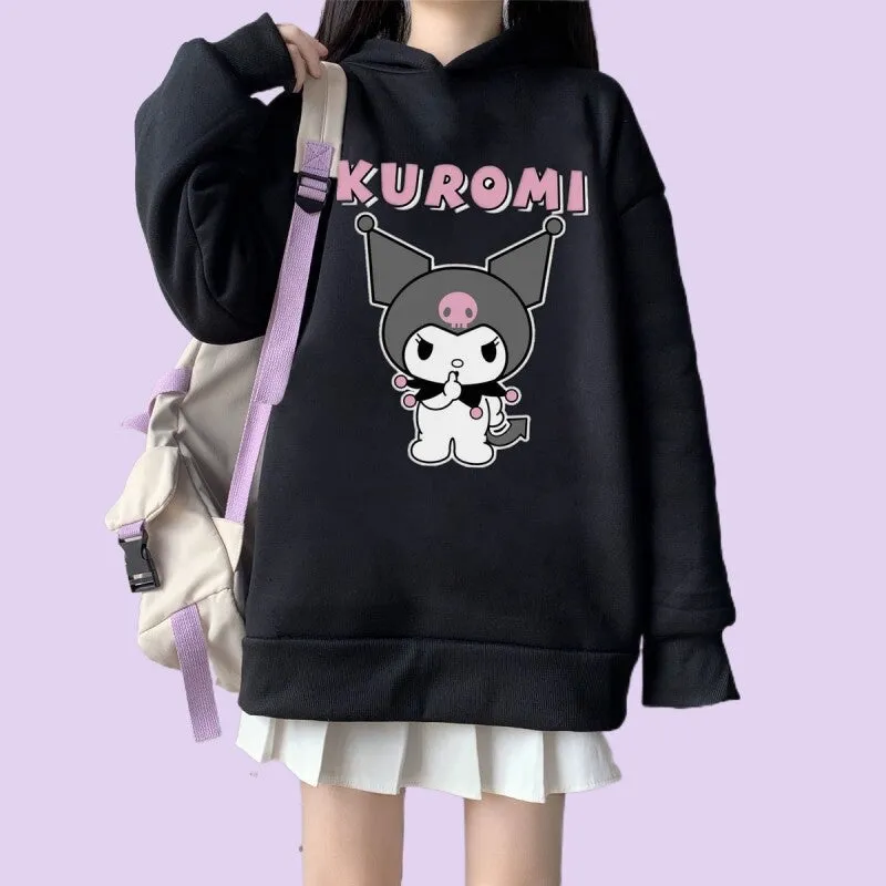 Kawaii Soft Girl Style Cartoon Kuromi Print Loose Hoodie