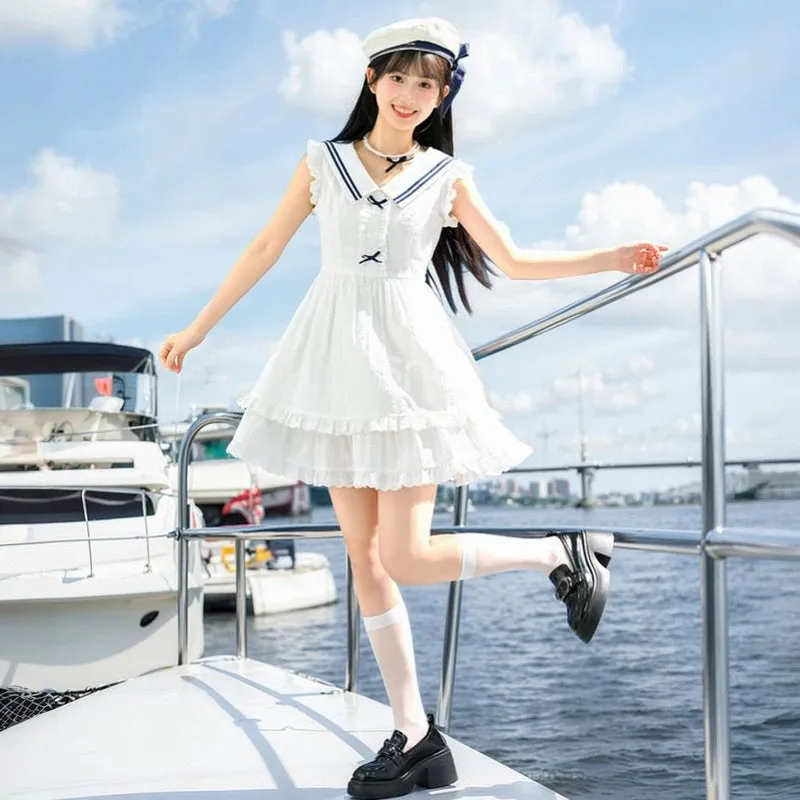 Kawaii White Navy Style Sailor Suit Dress
