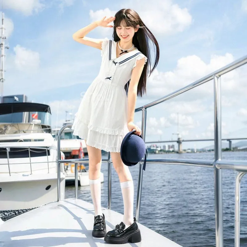 Kawaii White Navy Style Sailor Suit Dress