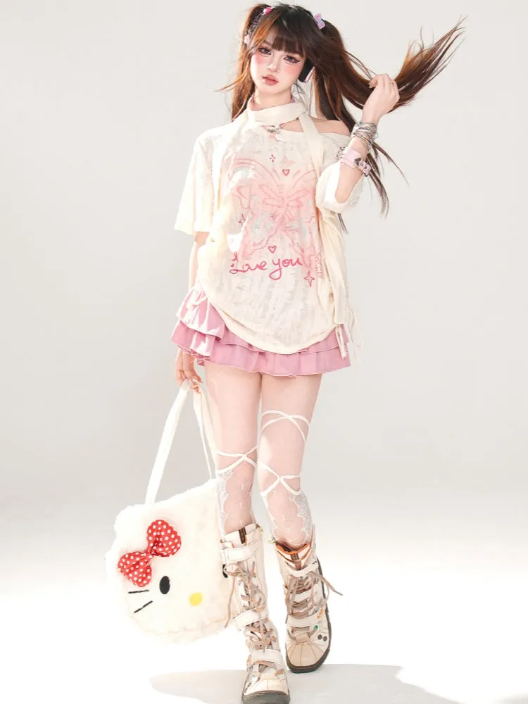 Korean-Style Butterfly Print Distressed T-Shirt