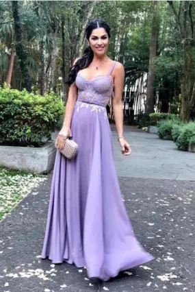 Lavender Spaghetti Strap Sleeveless Floor Length Appliqued Prom Evening Dress