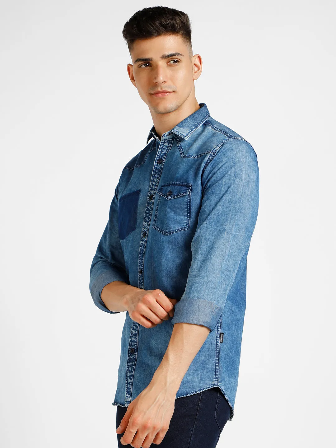 Men's Blue Denim Full Sleeve Slim Fit Washed Casual Shirt