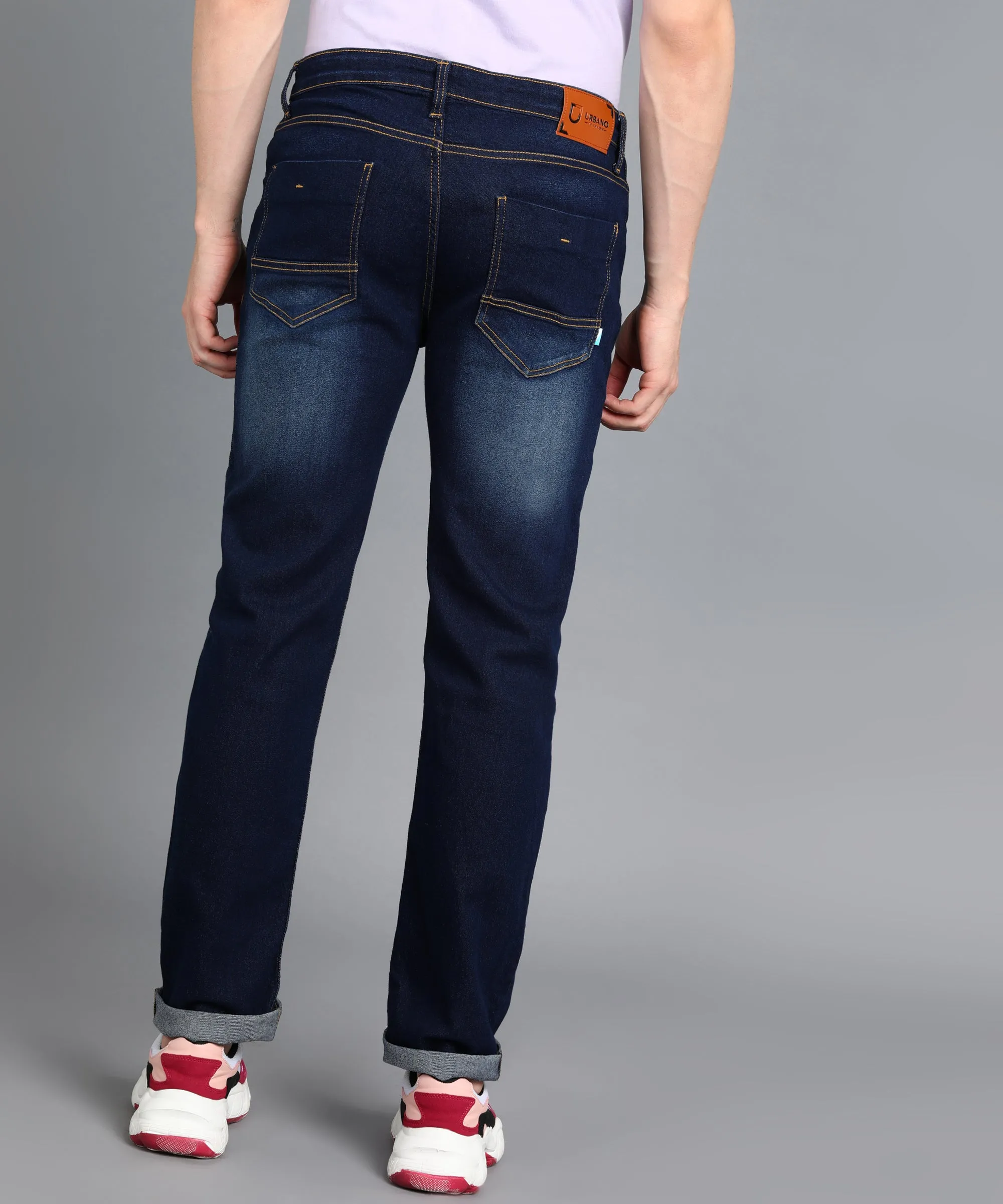 Men's Dark Blue Regular Fit Washed Jeans Stretchable