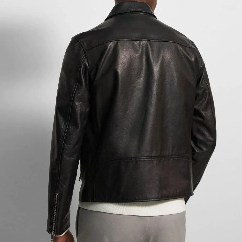 Men's Pointed Collar Black Shirt Style Leather Jacket