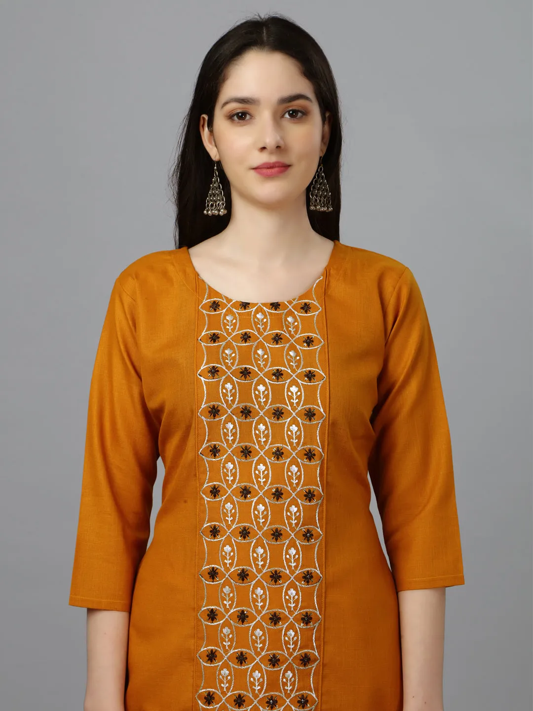 Mustard Heavy Cotton Magic Slub With Casual Embroidery Kurti