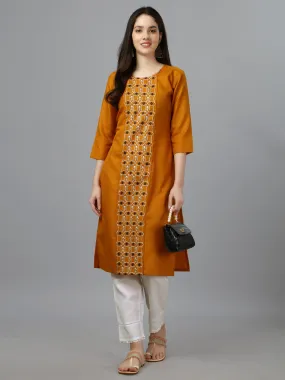 Mustard Heavy Cotton Magic Slub With Casual Embroidery Kurti