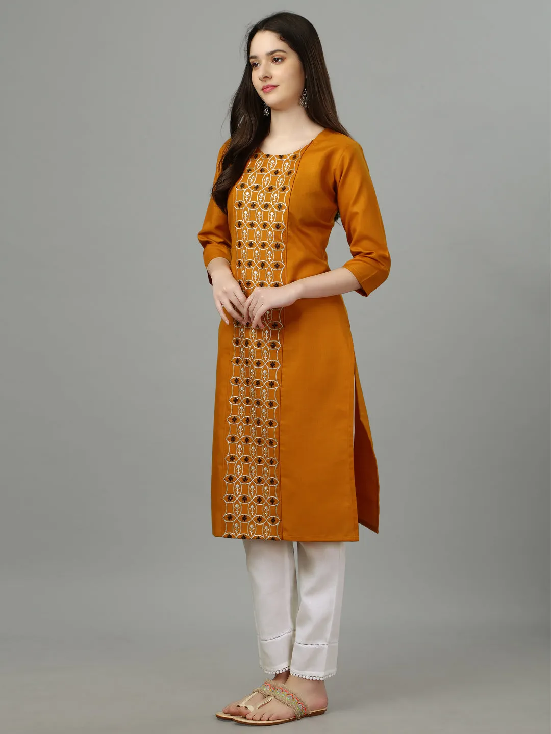 Mustard Heavy Cotton Magic Slub With Casual Embroidery Kurti