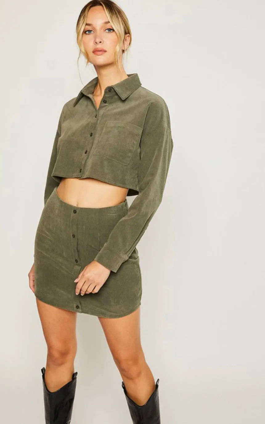Olive Corduroy Button Down Mini Skirt