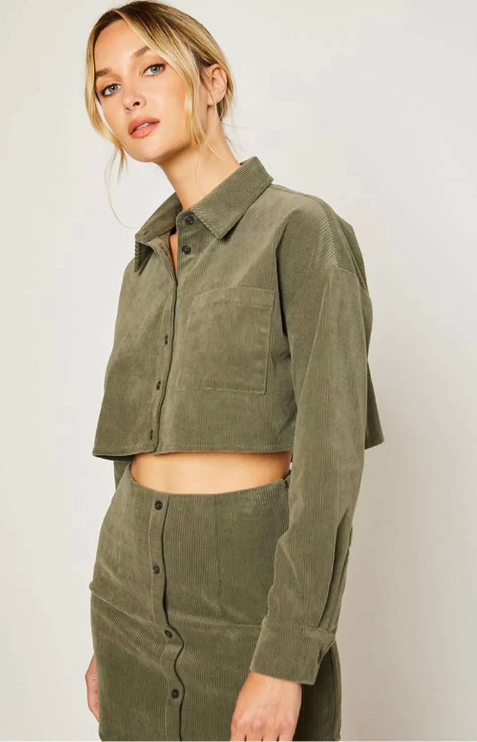 Olive Corduroy Button Down Mini Skirt