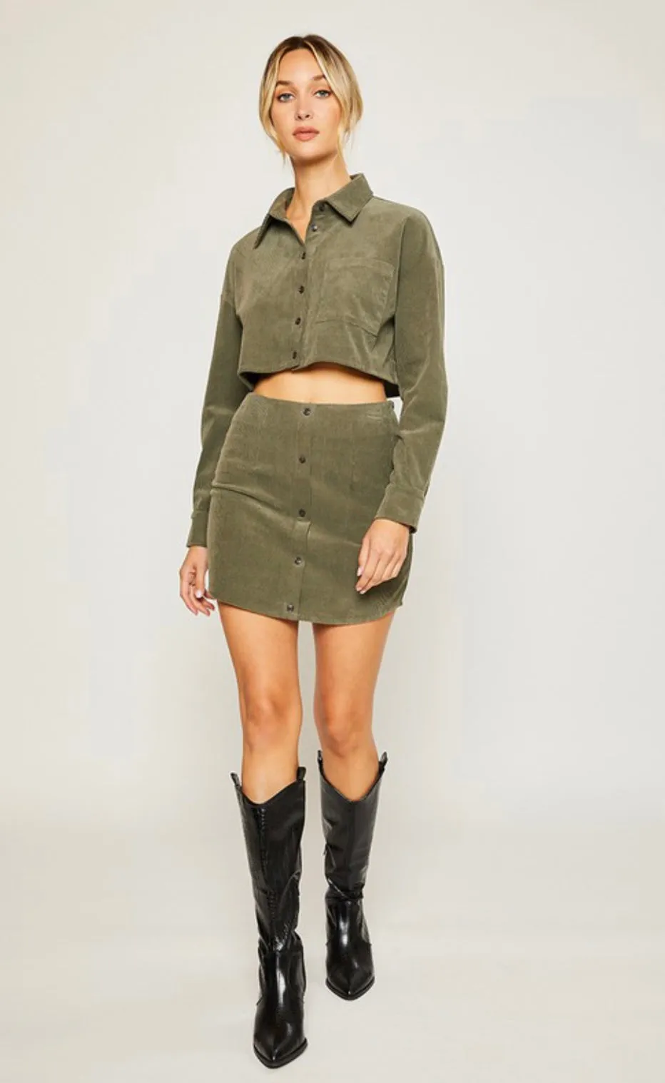 Olive Corduroy Button Down Mini Skirt