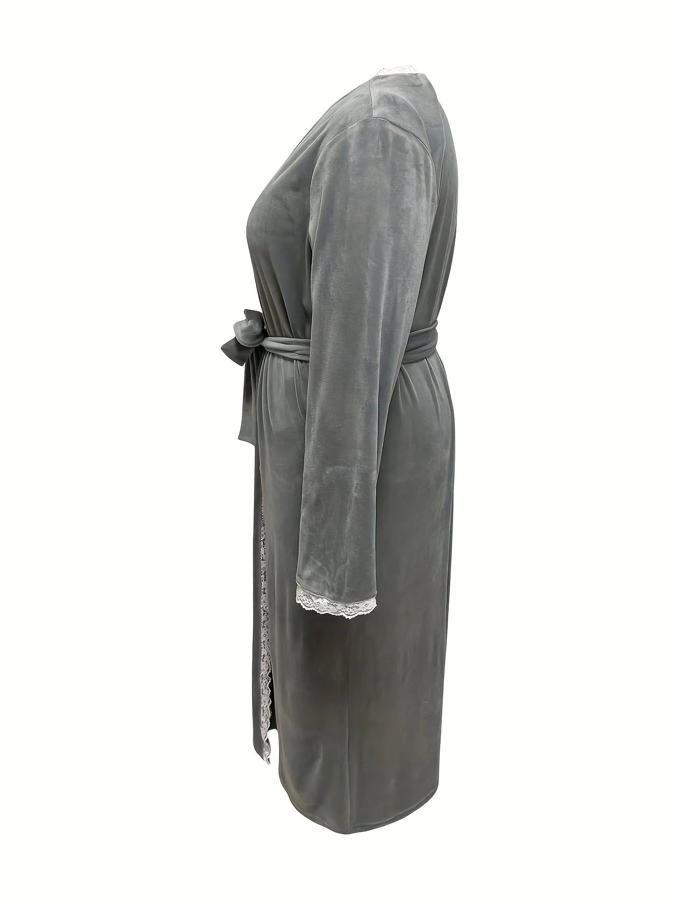 Plus Size Elegant Loungewear Robe, Women's Plus Contrast Lace Trim Long Sleeve Open Front Bathrobe With Belt