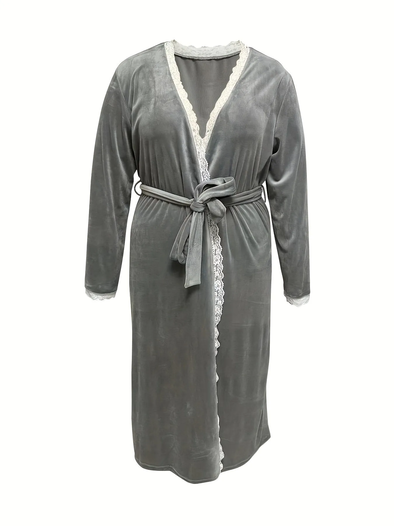 Plus Size Elegant Loungewear Robe, Women's Plus Contrast Lace Trim Long Sleeve Open Front Bathrobe With Belt