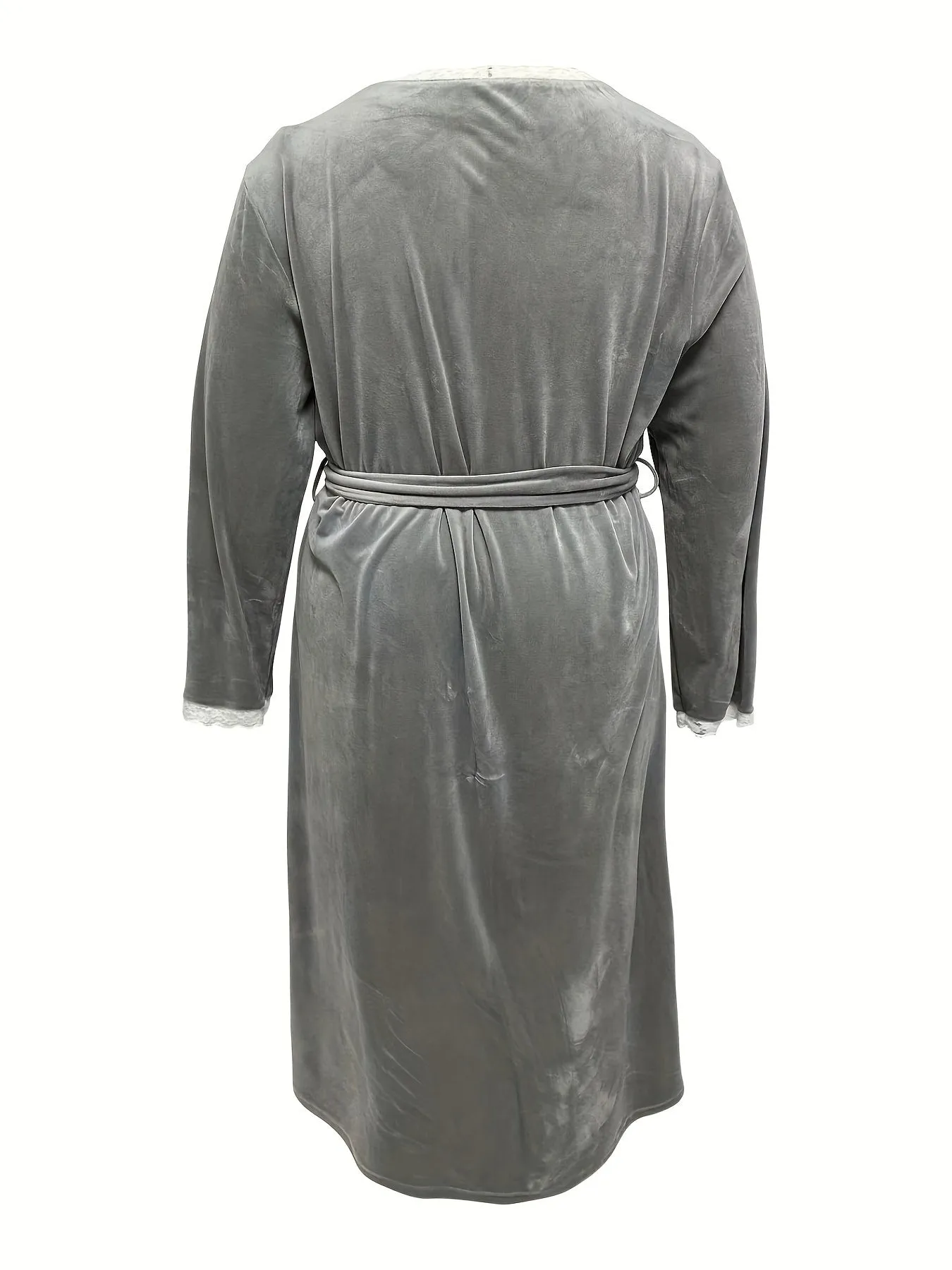 Plus Size Elegant Loungewear Robe, Women's Plus Contrast Lace Trim Long Sleeve Open Front Bathrobe With Belt