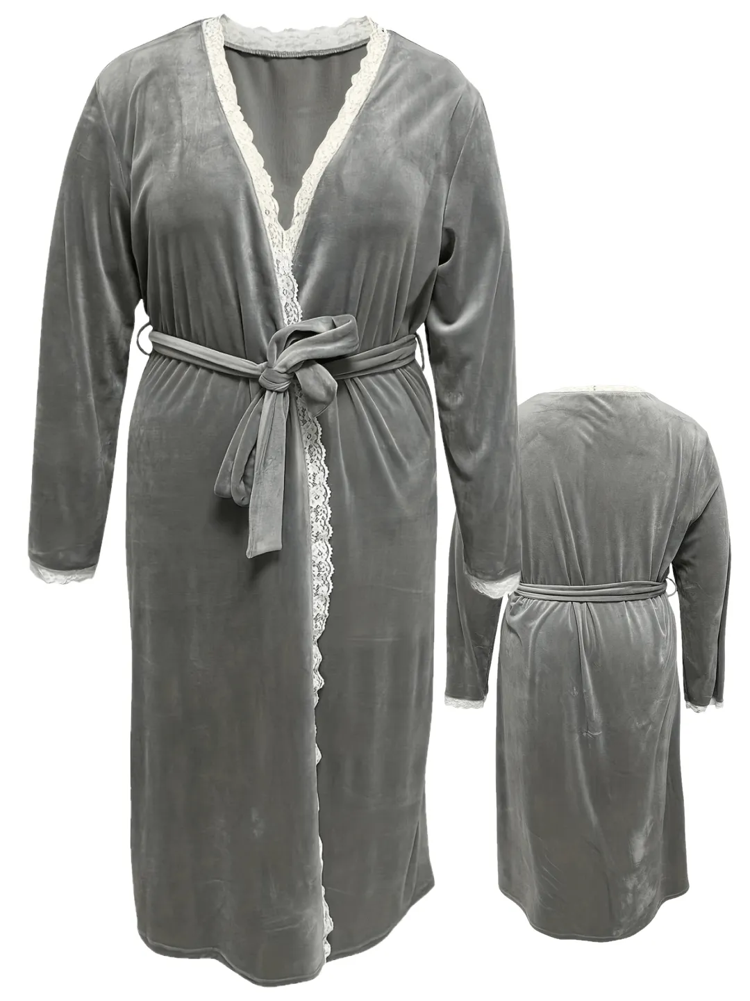 Plus Size Elegant Loungewear Robe, Women's Plus Contrast Lace Trim Long Sleeve Open Front Bathrobe With Belt