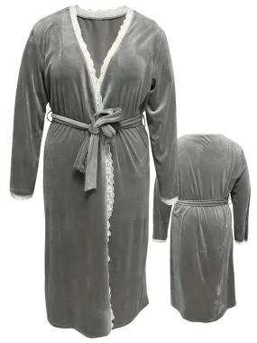 Plus Size Elegant Loungewear Robe, Women's Plus Contrast Lace Trim Long Sleeve Open Front Bathrobe With Belt