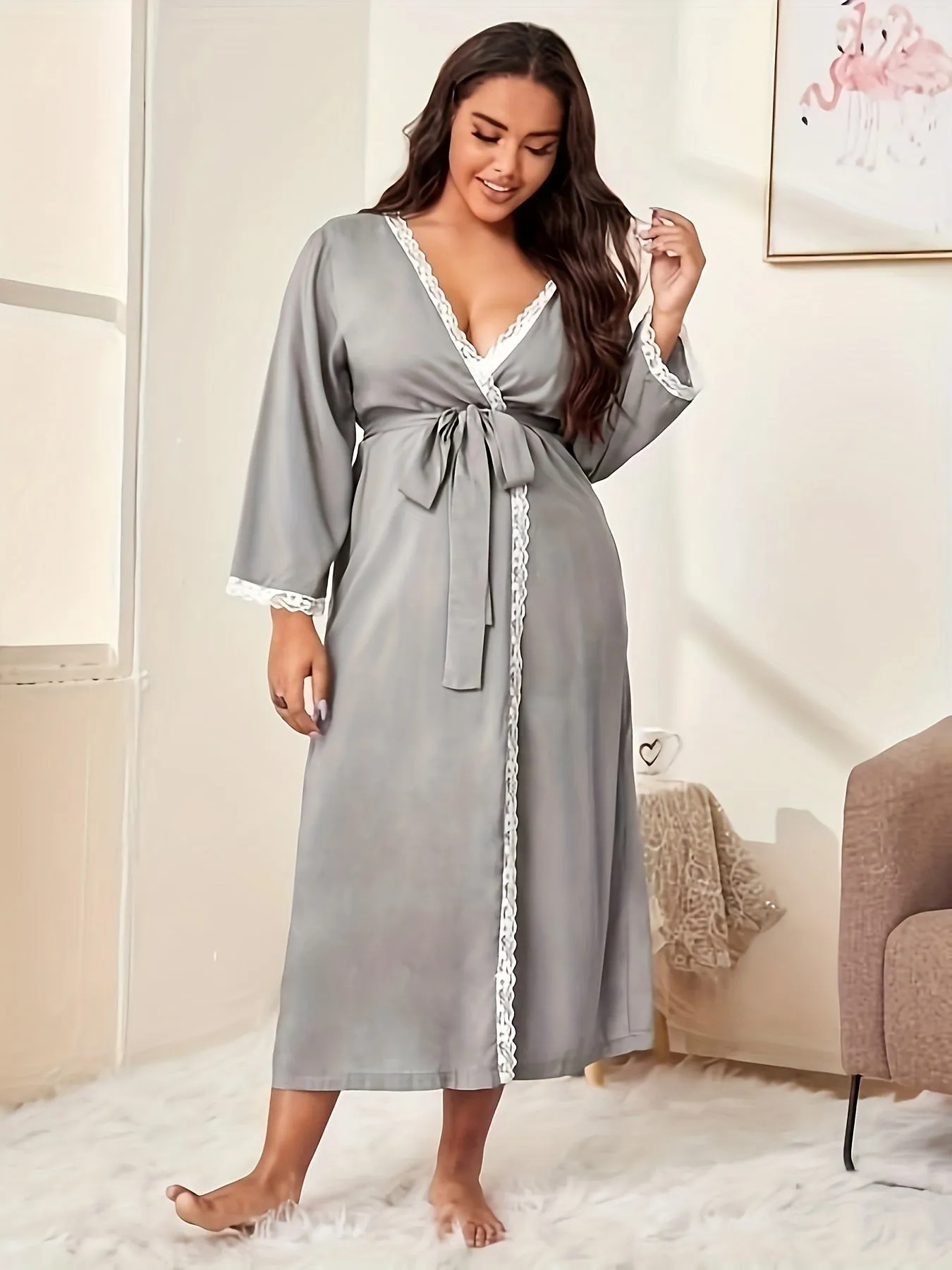 Plus Size Elegant Loungewear Robe, Women's Plus Contrast Lace Trim Long Sleeve Open Front Bathrobe With Belt