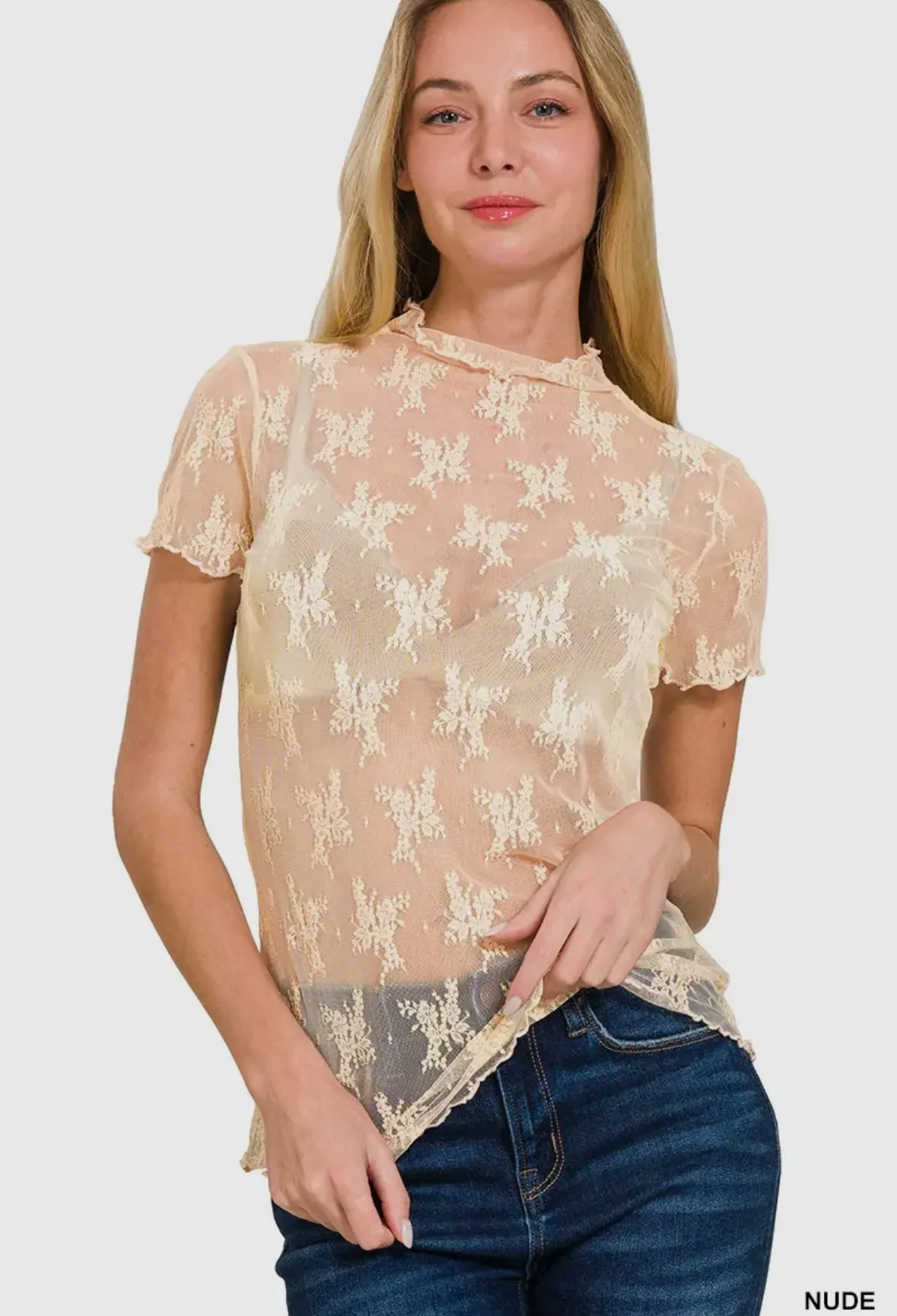Sheer Lace See Through Layering Short Sleeve Top