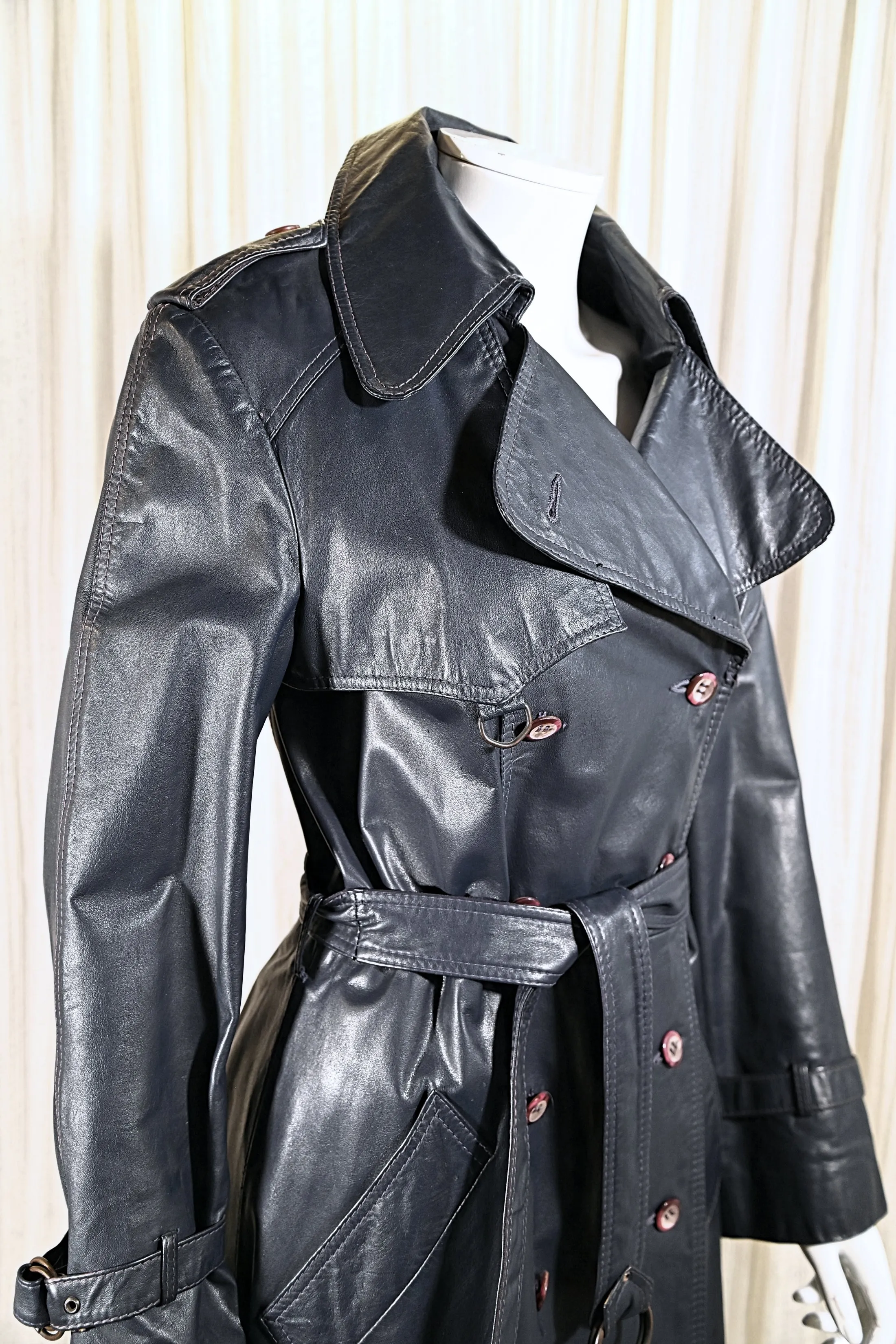 SOLD Vintage 70s Dark Blue Leather Trench Coat