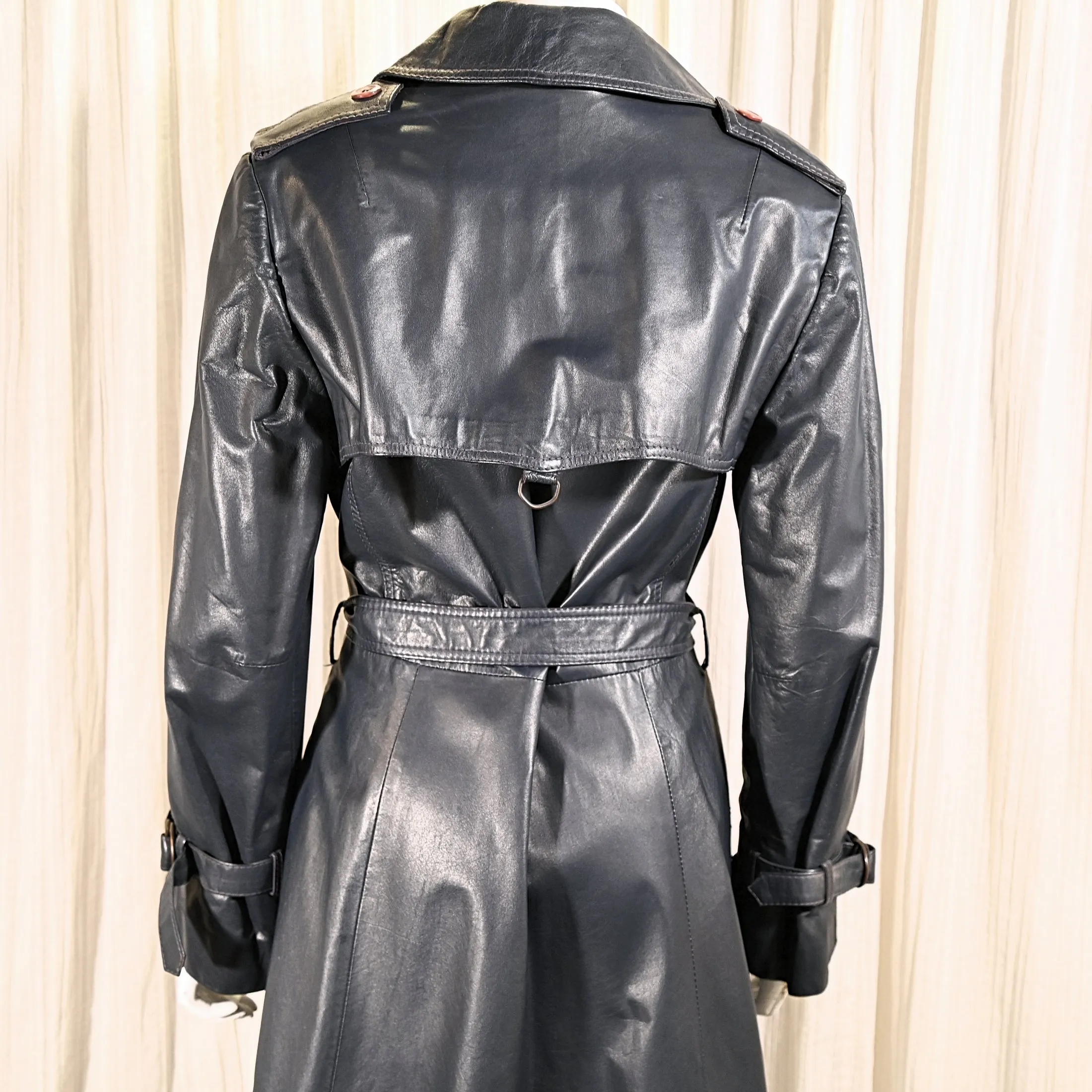 SOLD Vintage 70s Dark Blue Leather Trench Coat