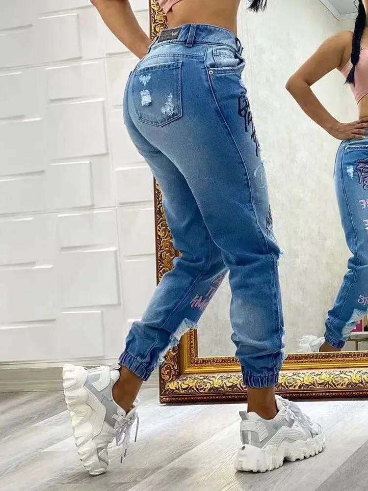 Streetwear Hip Hop Letter Print Women Fashion Y2K Harajuku Mid Waisted Casual Pencil Jeans