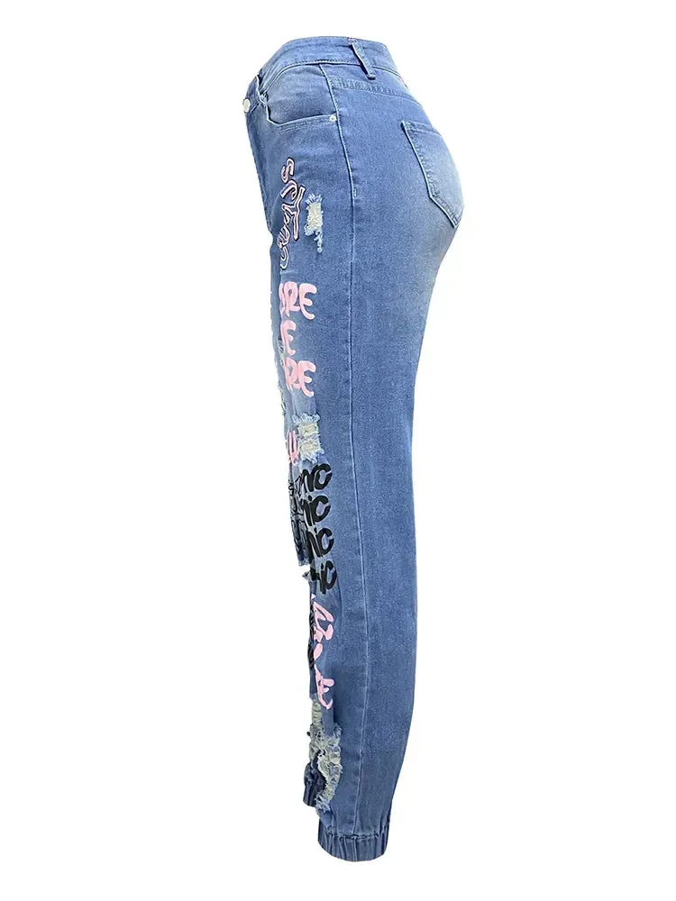 Streetwear Hip Hop Letter Print Women Fashion Y2K Harajuku Mid Waisted Casual Pencil Jeans