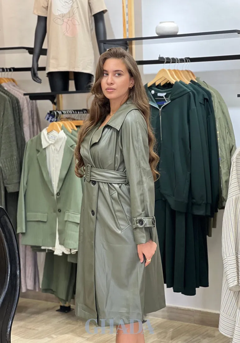 Trench-coat en simili cuir vert kaki