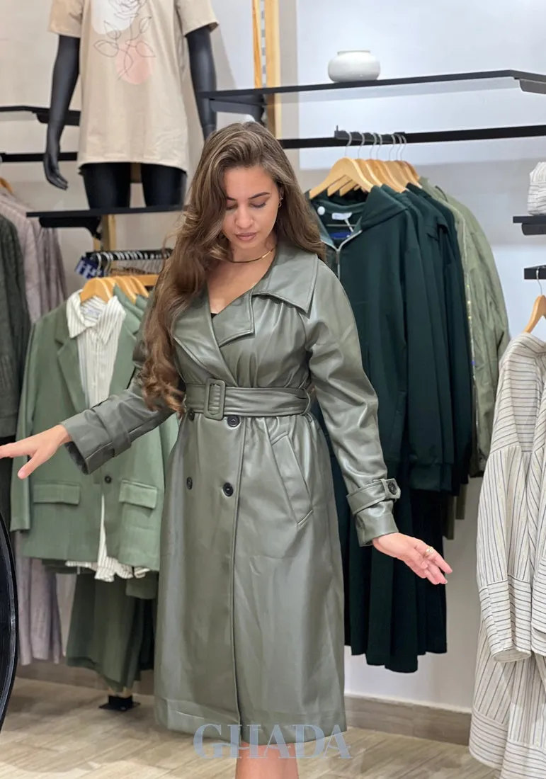 Trench-coat en simili cuir vert kaki