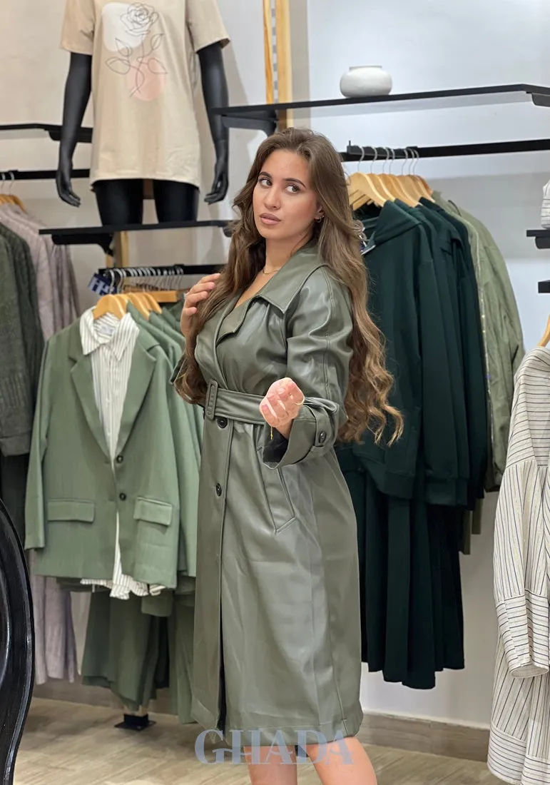 Trench-coat en simili cuir vert kaki