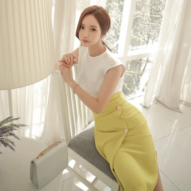 White Sleeveless Top Slit High Waist Hip Skirt