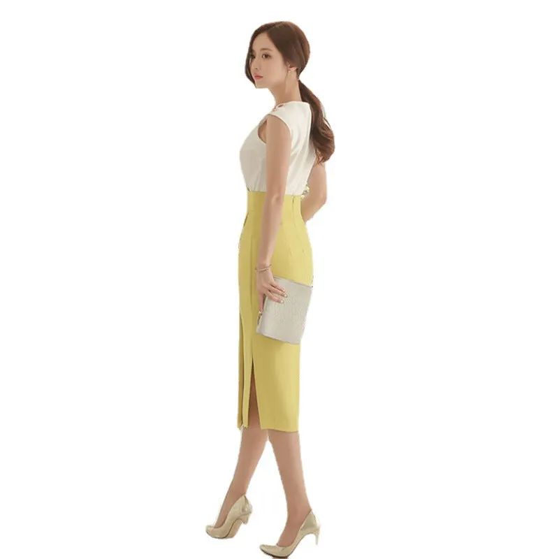 White Sleeveless Top Slit High Waist Hip Skirt