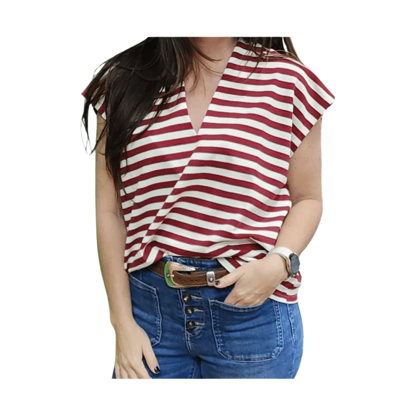 Women's Glam Striped V Neck S/S Top GT8559