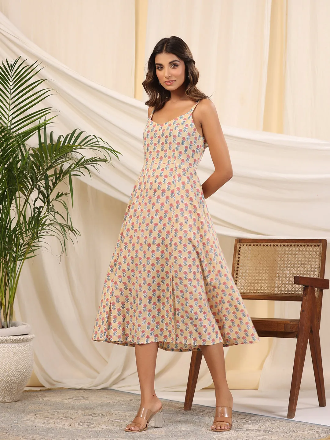Yellow Handblock Baisa Printed Cotton Dress